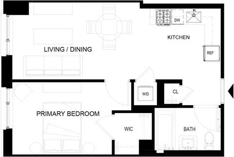 Floor plan for 1 bed, 1 bath, 512 sqft